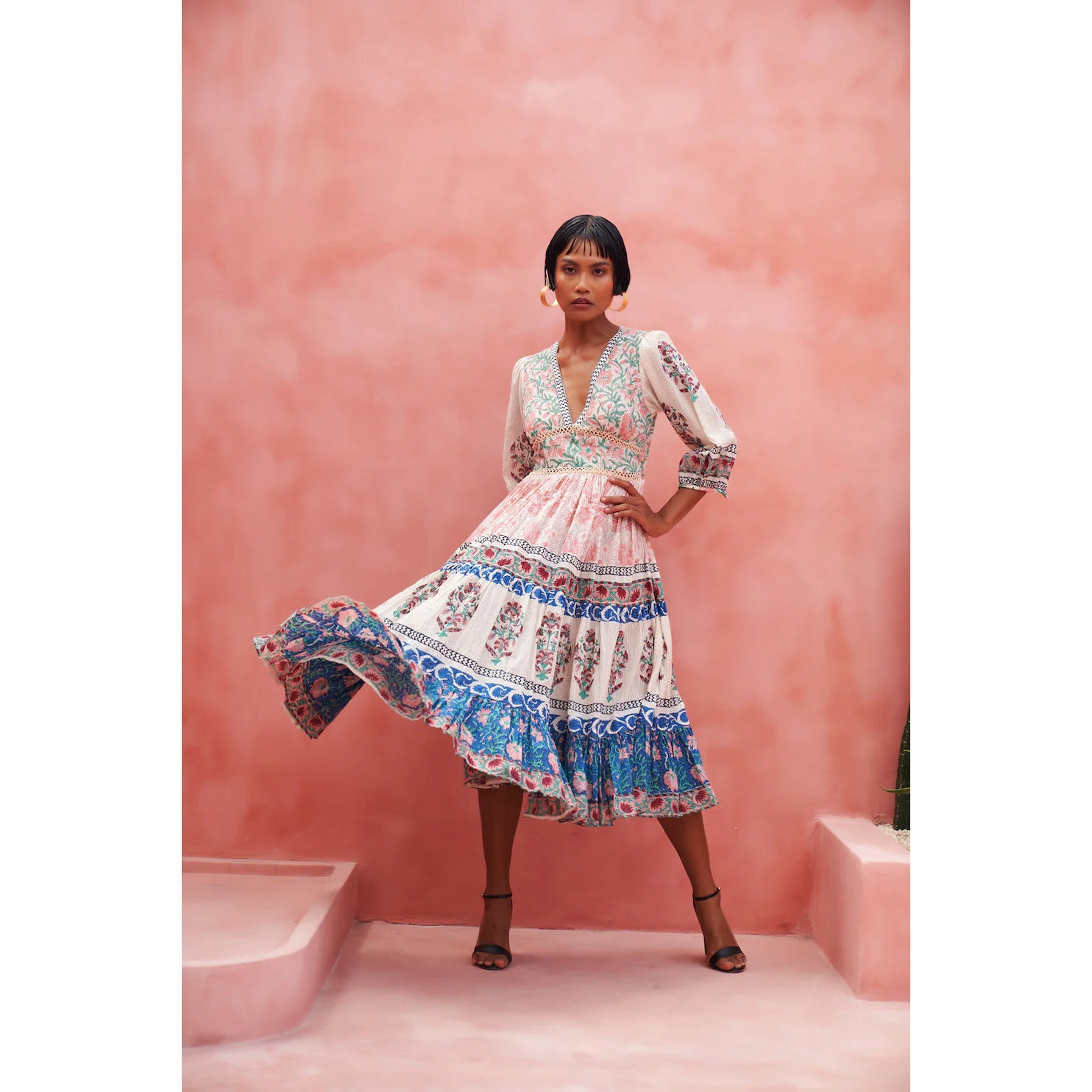 Mo Maya Peacock Flare Midi Dress Nwt